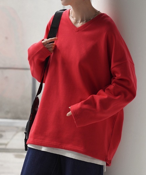 HUG.U(ハグユー)の「「 Tシャツ以上の満足感 」 綿100% Vネックスウェット(スウェット・レディース・ブラック/アイボリー/カーキ/ライトグレー/レッド/ホワイト/グレイッシュブルー・FREE)」の11枚目の写真