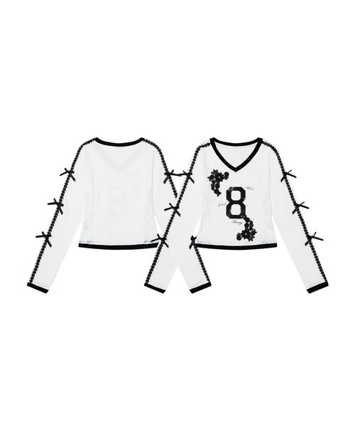 HOOK(フック)の「レース×リボン Vネックナンバートップス(Tシャツ/カットソー・レディース・ブラック/ホワイト・M/S)」の1枚目の写真