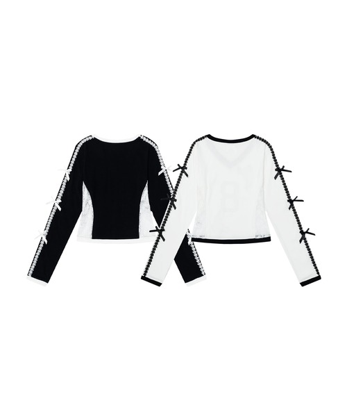 HOOK(フック)の「レース×リボン Vネックナンバートップス(Tシャツ/カットソー・レディース・ブラック/ホワイト・M/S)」の4枚目の写真