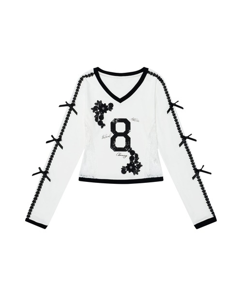 HOOK(フック)の「レース×リボン Vネックナンバートップス(Tシャツ/カットソー・レディース・ブラック/ホワイト・M/S)」の5枚目の写真