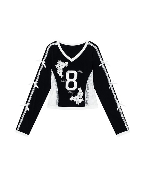 HOOK(フック)の「レース×リボン Vネックナンバートップス(Tシャツ/カットソー・レディース・ブラック/ホワイト・M/S)」の7枚目の写真