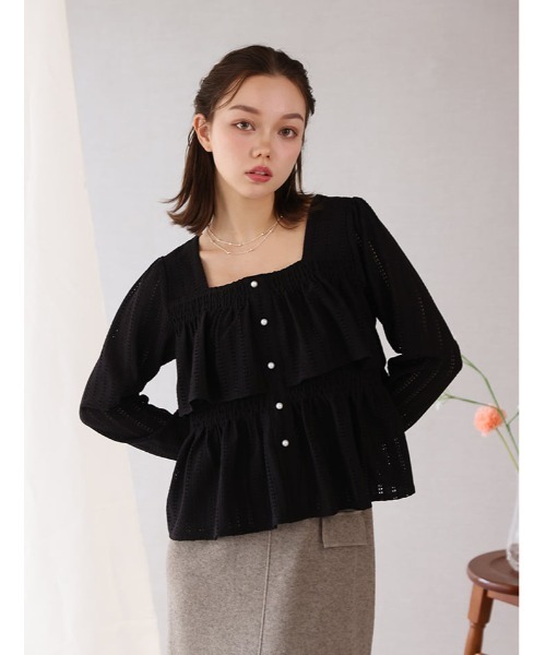 fifth（フィフス）の「スクエアネックフリルティアードトップス（Tシャツ/カットソー・レディース・ブラック/ホワイト・M）」の2枚目の写真