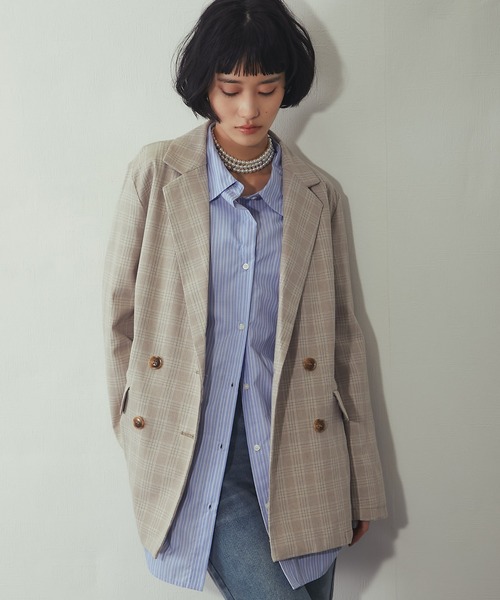 ANOTHER S（アナザーエス）の「チェック柄 ダブルテーラード ジャケット（テーラードジャケット・レディース・ベージュ/グレー・FREE）」の4枚目の写真