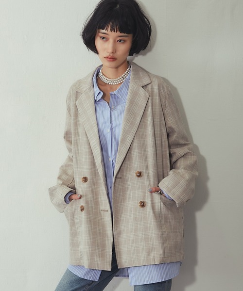 ANOTHER S（アナザーエス）の「チェック柄 ダブルテーラード ジャケット（テーラードジャケット・レディース・ベージュ/グレー・FREE）」の3枚目の写真