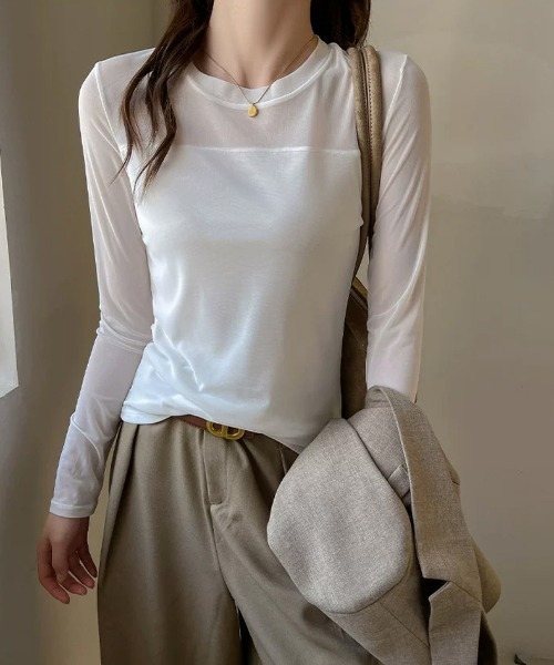 COCOMOMO(ココモモ)の「切り替えシアートップス シアー トップス 長袖 切り替え 透け感 シアートップス インナー レイヤードトップス 春服 夏服(Tシャツ/カットソー・レディース・ダークブラウン/ブラック/ホワイト・FREE)」の2枚目の写真