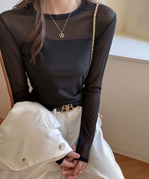 COCOMOMO(ココモモ)の「切り替えシアートップス シアー トップス 長袖 切り替え 透け感 シアートップス インナー レイヤードトップス 春服 夏服(Tシャツ/カットソー・レディース・ダークブラウン/ブラック/ホワイト・FREE)」の7枚目の写真