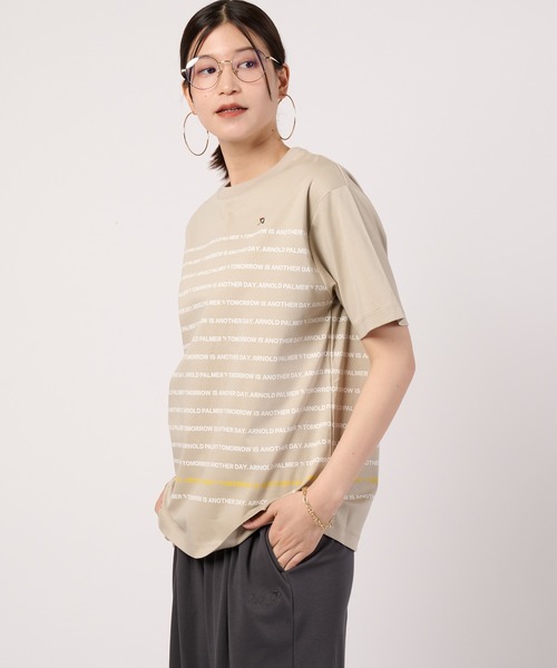 Arnold Palmer(アーノルドパーマー)の「シェア AP パネルロゴボーダー Tシャツ(Tシャツ/カットソー・レディース・ベージュ/ネイビー/ホワイト・XS/S/M/L/LL)」の1枚目の写真