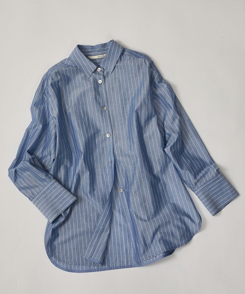 qualite(カリテ)の「ラメストライプシャツ 春服 夏服 オフィスカジュアル 羽織り きれいめ(シャツ/ブラウス・レディース・ブルー/オフホワイト・フリー)」の14枚目の写真