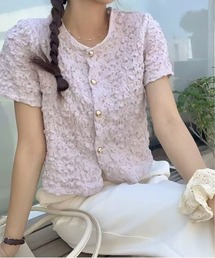【26年春夏新作】ゴールドボタンエンボスシアーUネック半袖トップス 肩パット付き