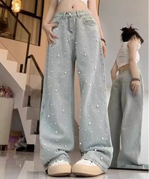ランダムパール付ワイドデニムパンツ