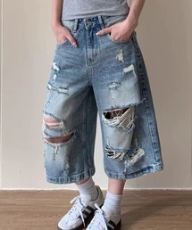 【ヴィンテージ加工】ダメージワイドデニムハーフパンツ