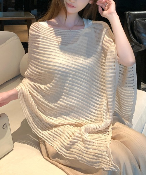 AMAJI（アマジ）の「透かし編み 不規則ヘム ドルマンスリーブ ニットトップス（Tシャツ/カットソー・レディース・グレー/ベージュ・FREE）」の6枚目の写真