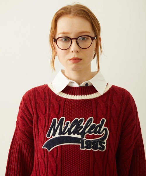 MILKFED.(ミルクフェド)の「CRICKET KNIT PATCH TOP(ニット/セーター・レディース・レッド/オフホワイト/ネイビー・ONE SIZE)」の6枚目の写真