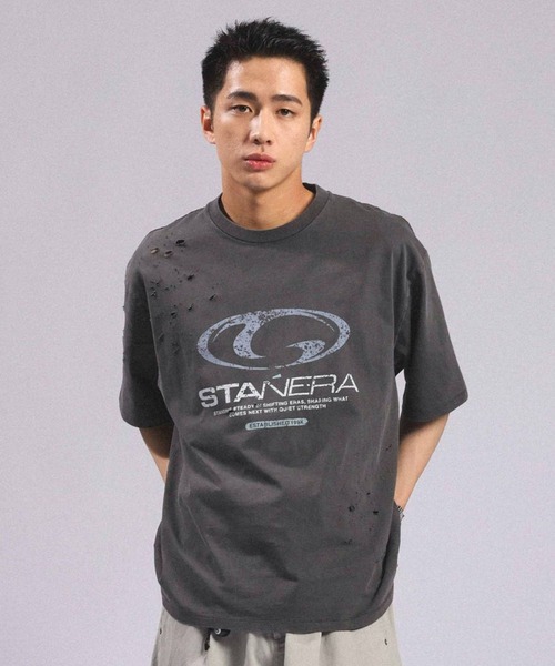 RAGEBLUE(レイジブルー)の「Pigment Damage Logo T-Shirt/ピグメント加工ダメージロゴTシャツ(Tシャツ/カットソー・メンズ・ブラック/レッド/ライトグレー・MEDIUM/LARGE)」の2枚目の写真
