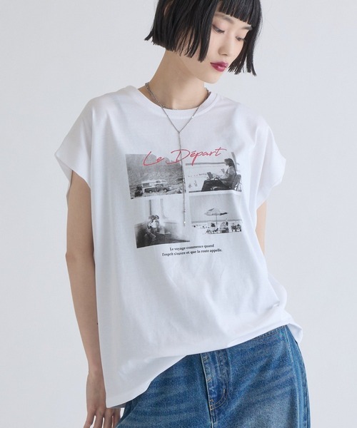 Lui's(ルイス)の「シルケットフォトフレンチスリーブT(Tシャツ/カットソー・レディース・オフホワイト/ブラック/チャコールグレー・FREE)」の2枚目の写真