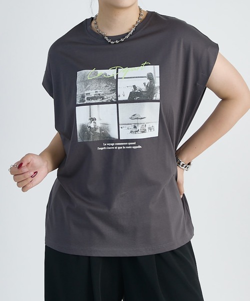 Lui's(ルイス)の「シルケットフォトフレンチスリーブT(Tシャツ/カットソー・レディース・オフホワイト/ブラック/チャコールグレー・FREE)」の3枚目の写真
