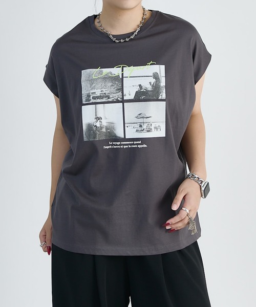 Lui's(ルイス)の「シルケットフォトフレンチスリーブT(Tシャツ/カットソー・レディース・オフホワイト/ブラック/チャコールグレー・FREE)」の9枚目の写真