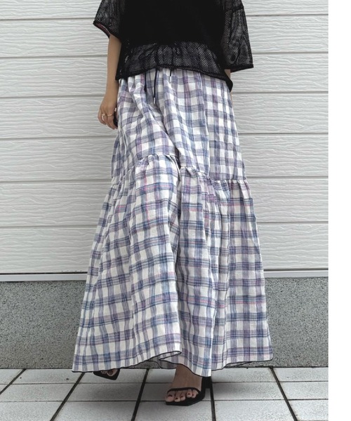 Q(キュー)の「チェック柄ティアードスカート(スカート・レディース・ネイビー系/イエロー系その他・MEDIUM)」の19枚目の写真