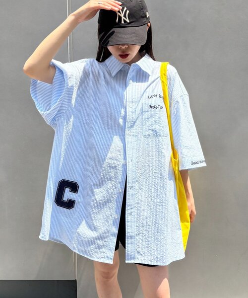 CIAOPANIC TYPY(チャオパニックティピー)の「【UNISEX】ストライプ柄刺繍オーバーシャツ(シャツ/ブラウス・レディース・ベージュ/ブルー/ブラック・ONE SIZE)」の1枚目の写真