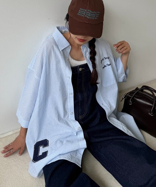 CIAOPANIC TYPY（チャオパニックティピー）の「【UNISEX】ストライプ柄刺繍オーバーシャツ（シャツ/ブラウス・レディース・ベージュ/ブルー/ブラック・ONE SIZE）」の6枚目の写真