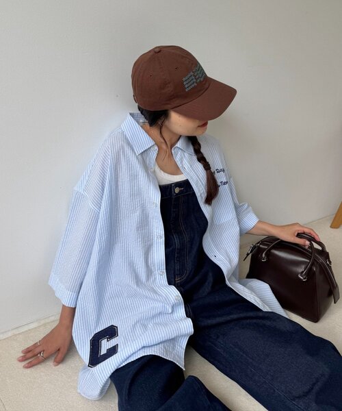 CIAOPANIC TYPY（チャオパニックティピー）の「【UNISEX】ストライプ柄刺繍オーバーシャツ（シャツ/ブラウス・レディース・ベージュ/ブルー/ブラック・ONE SIZE）」の7枚目の写真