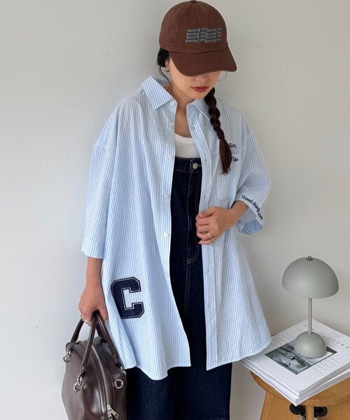 CIAOPANIC TYPY（チャオパニックティピー）の「【UNISEX】ストライプ柄刺繍オーバーシャツ（シャツ/ブラウス・レディース・ベージュ/ブルー/ブラック・ONE SIZE）」の8枚目の写真