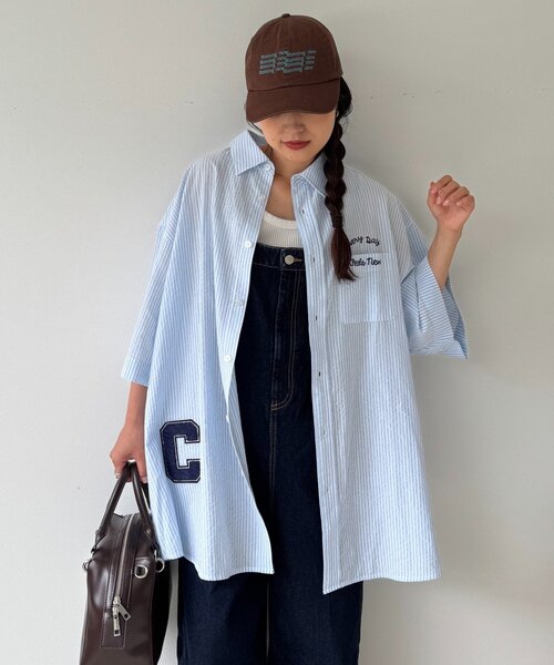 CIAOPANIC TYPY（チャオパニックティピー）の「【UNISEX】ストライプ柄刺繍オーバーシャツ（シャツ/ブラウス・レディース・ベージュ/ブルー/ブラック・ONE SIZE）」の9枚目の写真