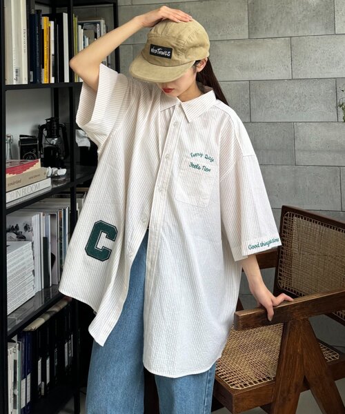 CIAOPANIC TYPY（チャオパニックティピー）の「【UNISEX】ストライプ柄刺繍オーバーシャツ（シャツ/ブラウス・レディース・ベージュ/ブルー/ブラック・ONE SIZE）」の10枚目の写真