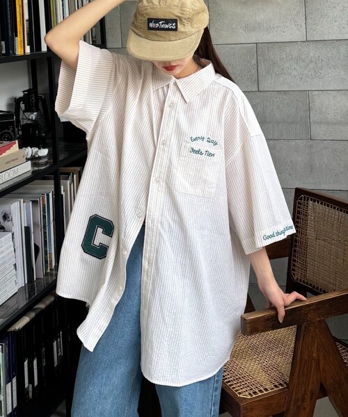 CIAOPANIC TYPY（チャオパニックティピー）の「【UNISEX】ストライプ柄刺繍オーバーシャツ（シャツ/ブラウス・レディース・ベージュ/ブルー/ブラック・ONE SIZE）」の11枚目の写真