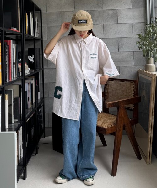 CIAOPANIC TYPY（チャオパニックティピー）の「【UNISEX】ストライプ柄刺繍オーバーシャツ（シャツ/ブラウス・レディース・ベージュ/ブルー/ブラック・ONE SIZE）」の12枚目の写真