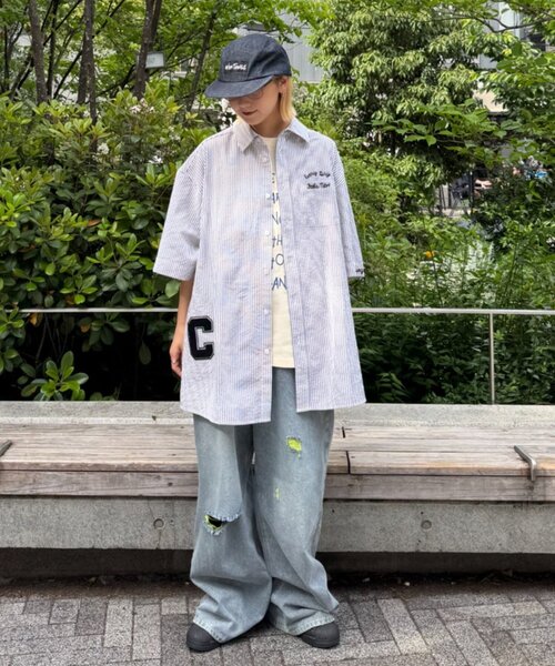 CIAOPANIC TYPY（チャオパニックティピー）の「【UNISEX】ストライプ柄刺繍オーバーシャツ（シャツ/ブラウス・レディース・ベージュ/ブルー/ブラック・ONE SIZE）」の13枚目の写真