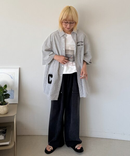 CIAOPANIC TYPY（チャオパニックティピー）の「【UNISEX】ストライプ柄刺繍オーバーシャツ（シャツ/ブラウス・レディース・ベージュ/ブルー/ブラック・ONE SIZE）」の14枚目の写真