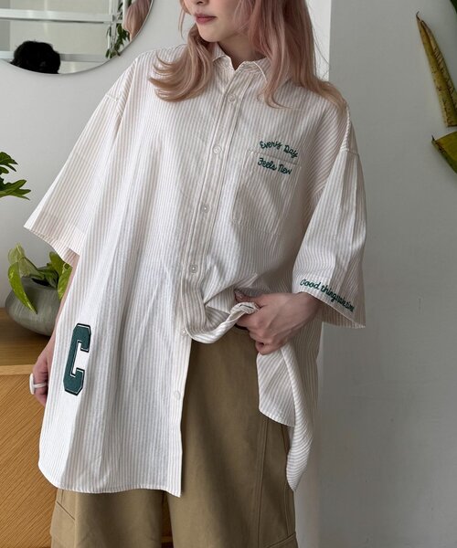 CIAOPANIC TYPY（チャオパニックティピー）の「【UNISEX】ストライプ柄刺繍オーバーシャツ（シャツ/ブラウス・レディース・ベージュ/ブルー/ブラック・ONE SIZE）」の20枚目の写真