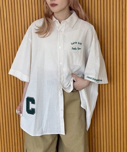 CIAOPANIC TYPY（チャオパニックティピー）の「【UNISEX】ストライプ柄刺繍オーバーシャツ（シャツ/ブラウス・レディース・ベージュ/ブルー/ブラック・ONE SIZE）」の21枚目の写真