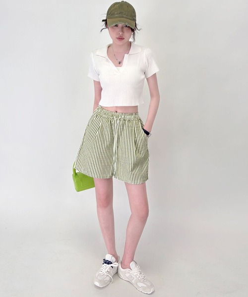 DAY CLOSET(デイ クローゼット)の「【くしゅっと涼し気シボ加工/ゴム&紐調節可】ストライプ柄 ルーム ショートパンツ レディース(ルームウェア/パジャマ・レディース・グリーン/カーキ/ブルー/レッド/ブラウン/ブラック・M/L)」の15枚目の写真