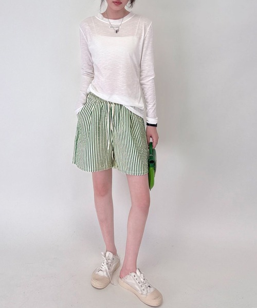 DAY CLOSET(デイ クローゼット)の「【くしゅっと涼し気シボ加工/ゴム&紐調節可】ストライプ柄 ルーム ショートパンツ レディース(ルームウェア/パジャマ・レディース・グリーン/カーキ/ブルー/レッド/ブラウン/ブラック・M/L)」の18枚目の写真