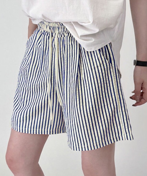 DAY CLOSET(デイ クローゼット)の「【くしゅっと涼し気シボ加工/ゴム&紐調節可】ストライプ柄 ルーム ショートパンツ レディース(ルームウェア/パジャマ・レディース・グリーン/カーキ/ブルー/レッド/ブラウン/ブラック・M/L)」の19枚目の写真
