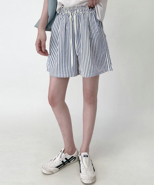 DAY CLOSET(デイ クローゼット)の「【くしゅっと涼し気シボ加工/ゴム&紐調節可】ストライプ柄 ルーム ショートパンツ レディース(ルームウェア/パジャマ・レディース・グリーン/カーキ/ブルー/レッド/ブラウン/ブラック・M/L)」の20枚目の写真