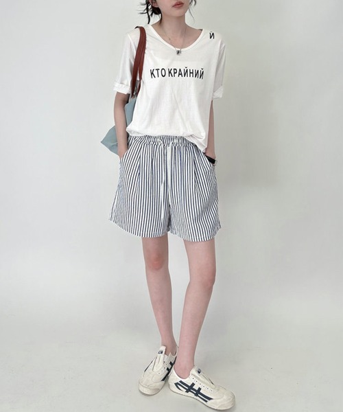 DAY CLOSET(デイ クローゼット)の「【くしゅっと涼し気シボ加工/ゴム&紐調節可】ストライプ柄 ルーム ショートパンツ レディース(ルームウェア/パジャマ・レディース・グリーン/カーキ/ブルー/レッド/ブラウン/ブラック・M/L)」の22枚目の写真