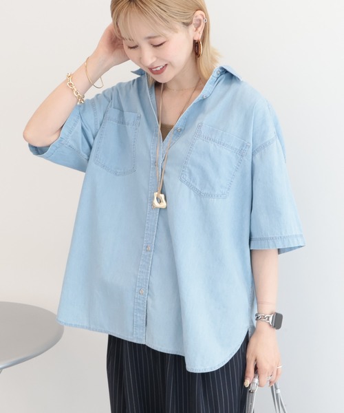 AMERICAN HOLIC(アメリカンホリック)の「Wポケット半袖デニムシャツ(シャツ/ブラウス・レディース・インディゴブルー/ライトインディゴブルー・L/M)」の5枚目の写真