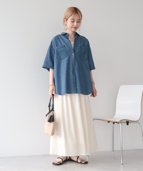 AMERICAN HOLIC(アメリカンホリック)の「Wポケット半袖デニムシャツ(シャツ/ブラウス・レディース・インディゴブルー/ライトインディゴブルー・L/M)」の9枚目の写真