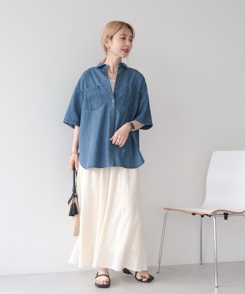 AMERICAN HOLIC(アメリカンホリック)の「Wポケット半袖デニムシャツ(シャツ/ブラウス・レディース・インディゴブルー/ライトインディゴブルー・L/M)」の11枚目の写真