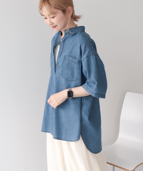AMERICAN HOLIC(アメリカンホリック)の「Wポケット半袖デニムシャツ(シャツ/ブラウス・レディース・インディゴブルー/ライトインディゴブルー・L/M)」の13枚目の写真