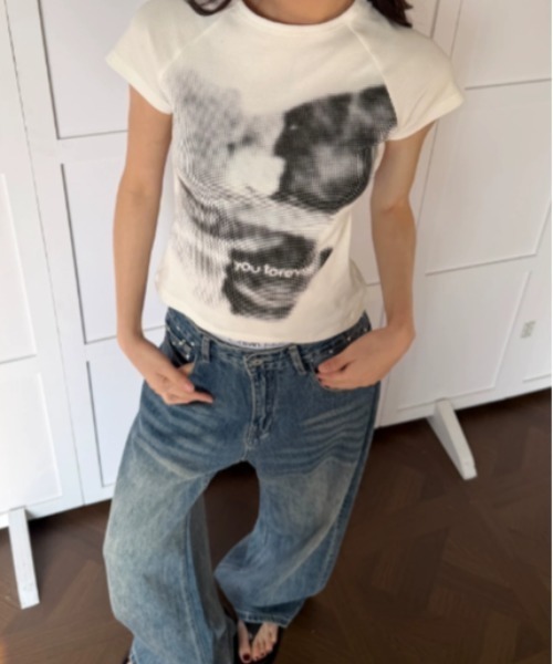 Vipoa(ヴィポア)の「vintage like short T-shirt(Tシャツ/カットソー・レディース・グレー/ホワイト・FREE)」の7枚目の写真