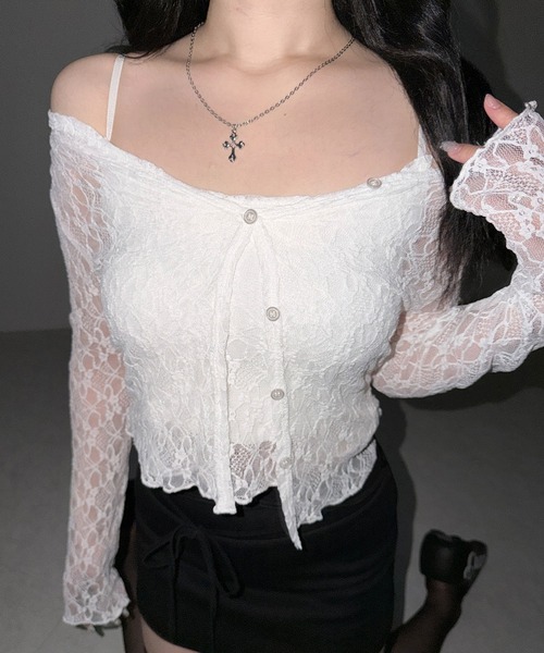 me+em select(ミームセレクト)の「【 2点セット 】ストレッチレースメローキャミソール + カーディガンセット /stretch lace mellow camisole + cardigan set(アンサンブル・レディース・ブラック/ホワイト・FREE)」の10枚目の写真