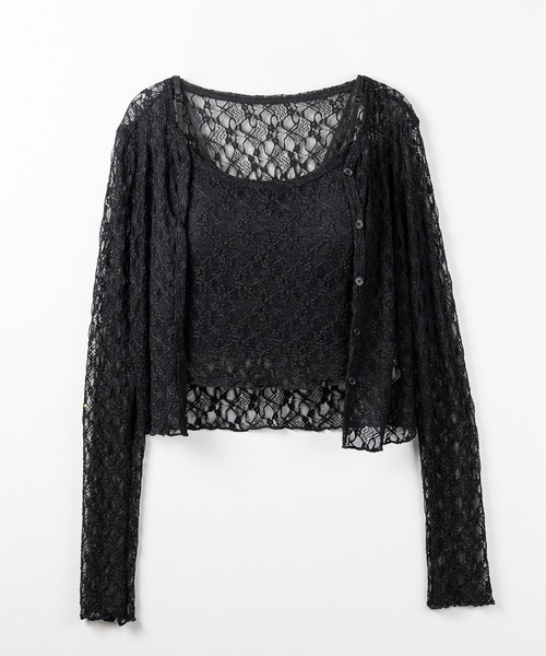 me+em select(ミームセレクト)の「【 2点セット 】ストレッチレースメローキャミソール + カーディガンセット /stretch lace mellow camisole + cardigan set(アンサンブル・レディース・ブラック/ホワイト・FREE)」の3枚目の写真