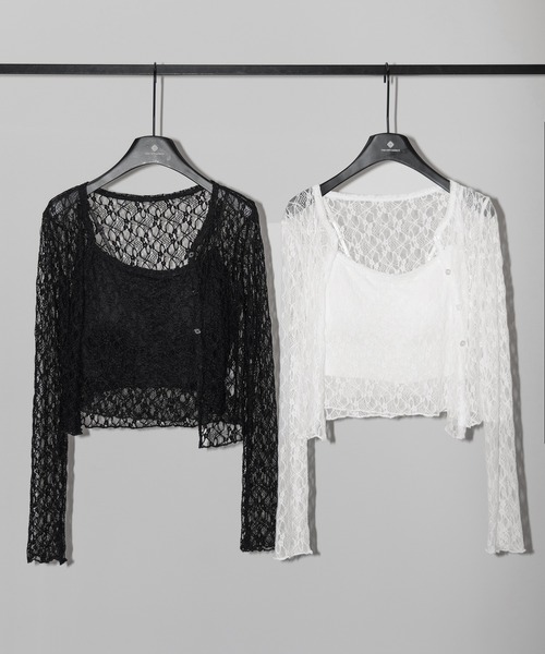 me+em select(ミームセレクト)の「【 2点セット 】ストレッチレースメローキャミソール + カーディガンセット /stretch lace mellow camisole + cardigan set(アンサンブル・レディース・ブラック/ホワイト・FREE)」の8枚目の写真