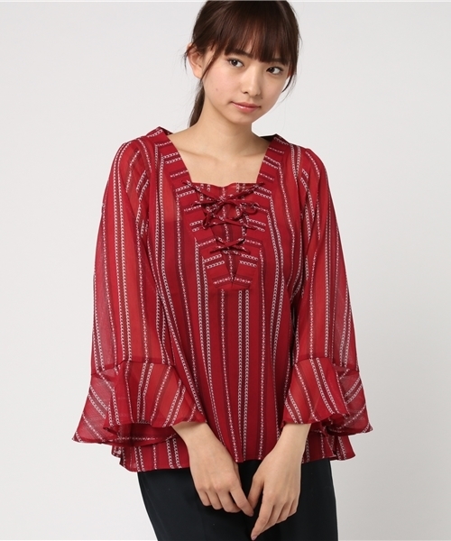 Honeys（ハニーズ）の「レースアップブラウス（シャツ/ブラウス・レディース・ホワイト系その他2/ホワイト系その他/レッド系その他/ブルー系その他2/ブルー系その他・L/M）」の5枚目の写真