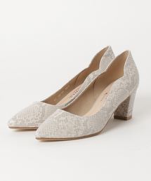 フラワーカット パイソン柄チャンキーヒールパンプス