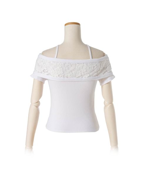 Newlyme(ニューリーミー)の「レース挟みクロスデザインオフショル半袖カットソー(Tシャツ/カットソー・レディース・ホワイト/ブラック/その他・MEDIUM/LARGE)」の5枚目の写真